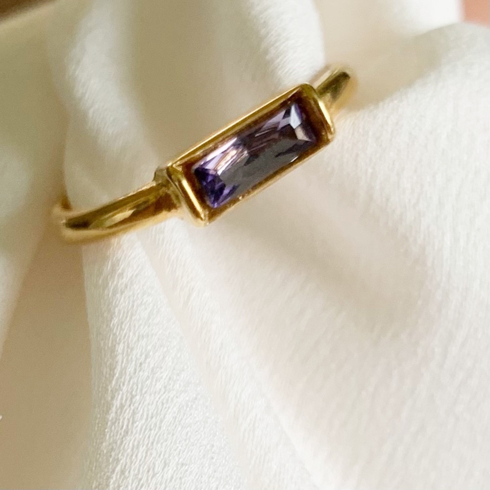 Dainty Gold open ring with purple baguette stone